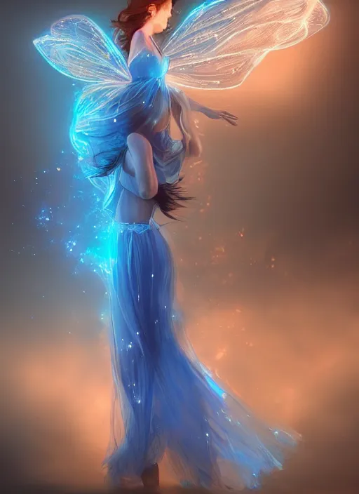 Prompt: a glowing blue fairy made of light flying through the air. she looks like a teenage girl and wears a long flowing dress. she is made of blue light and fades into light at the edges. beautiful fantasy art trending on artstation