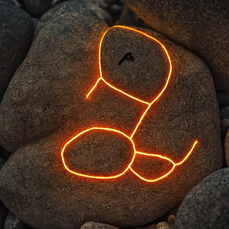 Prompt: photo of a large pebble with a glowing rune drawn on it. pebble is almost completely wrapped with copper wire. extremely high details, masterpiece, cinematic, octane rendering, depth of field, bokeh, cgsociety