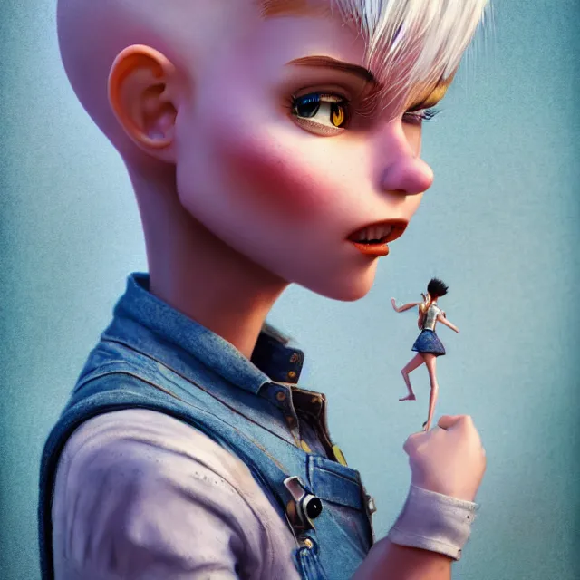 Image similar to full body pose, beautiful adult book fairy, pixar, short white hair shaved sides, dirty, grungy, grunge, long sleeve, painted overalls, stacks of giant books, highly detailed, 4 k, hdr, smooth, sharp focus, high resolution, award - winning photo, artgerm, photorealistic