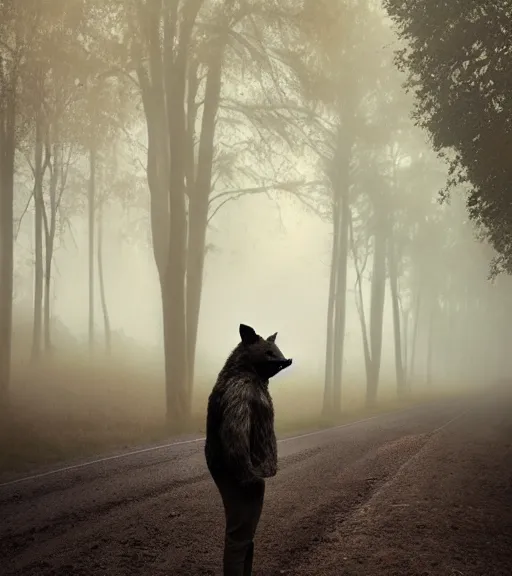 Prompt: foggy dirt road portrait of moderately stocky furry anthro anthropomorphic spotted hyena head animal person fursona wearing clothes horror gloomy digital art bokeh depth of field photo by Greg Rutkowski, Simon Stalenhag, christopher nolan trending on Artstation, CGSociety