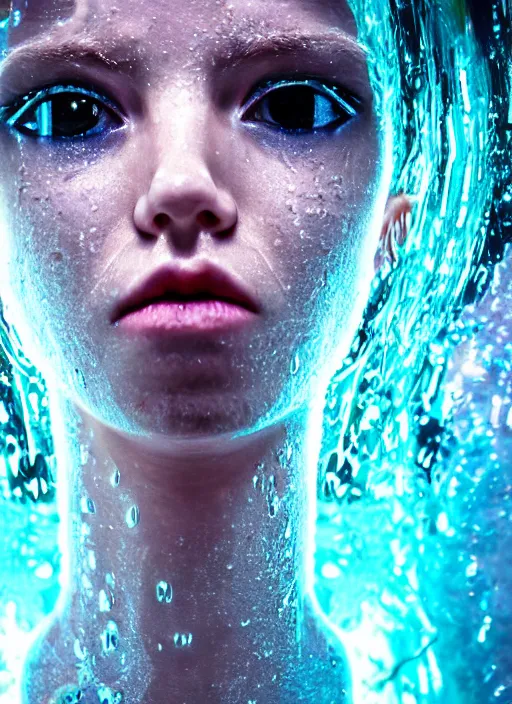 Image similar to beautiful extreme closeup portrait of an cyberpunk girl fully submerged ecxept of the top of her head, stunning look in her eyes, water reflection, neon lighting, in the style of Andrey Gevechanov, highly detailed, soft lighting, elegant,sigma 85mm, Edward Hopper and James Gilleard, Zdzislaw Beksinski, Steven Outram, highly detailed