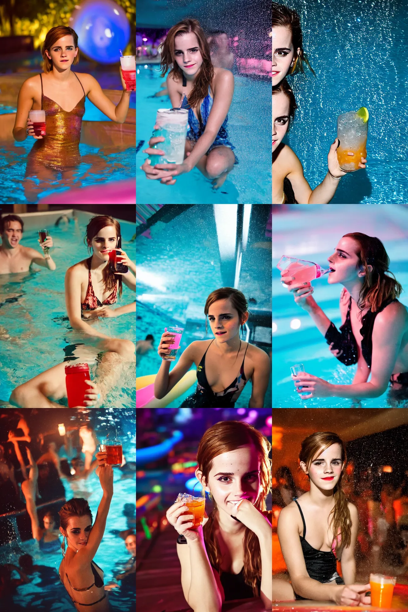 Prompt: a photo of a drunk emma watson holding a drink having fun in a pool party in a modern indoors pool with cyberpunk illumination at night. visually stimulating photo. coherent. 8 k.