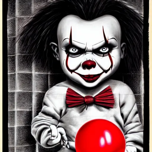 Prompt: grunge cartoon painting of chucky with a wide smile and a red balloon by chris leib, loony toons style, pennywise style, corpse bride style, horror theme, detailed, elegant, intricate