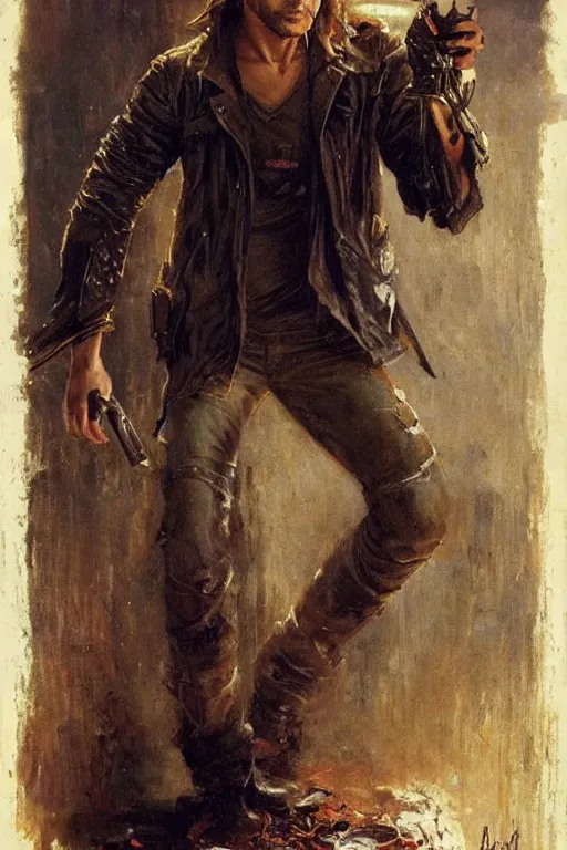 Prompt: a thirty - five year old contract killer named cobalt. he wears a brown leather jacket with a bloody white t - shirt tucked into his jeans. art by gaston bussiere.