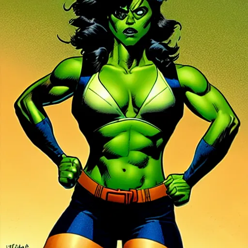 Prompt: Aubrey Plaza as She-Hulk, atmospheric lighting, Image 90s style, intricate, golden hour, ultra detailed by Jim Lee and Travis charest