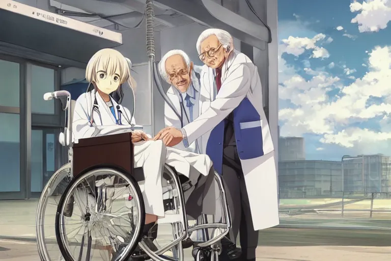 Prompt: a cute young female doctor wearing white coat, an old man of 80 years in a wheelchair, hospital ward, slice of life anime, cinematic, realistic, highly detailed, 8kHDR, anime scenery by Makoto shinkai