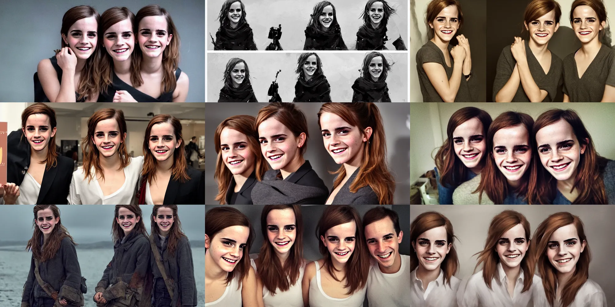 Prompt: emma watson identical twins smiling greg rutkowski!!! canon eos david bailey