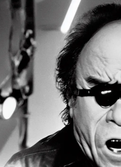 Prompt: film still of Danny DeVito as The Terminator in Terminator, 4k