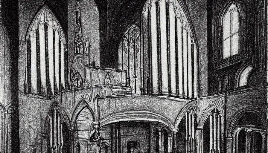 Image similar to pipe organ in a sunken cathedral, 1 9 th century charcoal and pencil drawing, high detail, high contrast