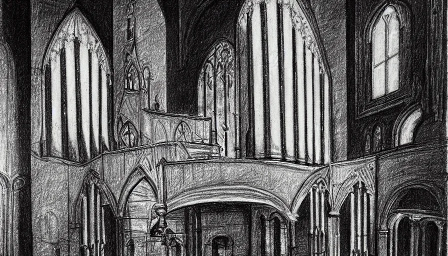 Prompt: pipe organ in a sunken cathedral, 1 9 th century charcoal and pencil drawing, high detail, high contrast