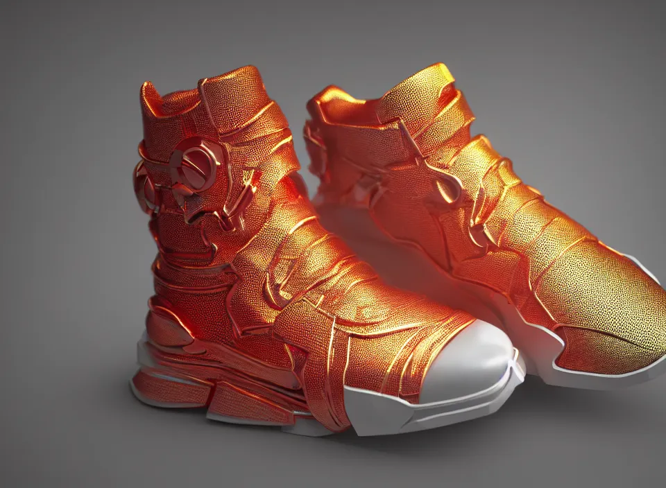 Image similar to realistic 3 d render of a futuristic sneaker, beautiful studio lighting, soft, sharp focus, neon cyberpunk highlights, intricate detail, gold and red metal, soft rubber, textured plastic, hexagons, filigree, octane render, side view, close up, trending on artstation, deviantart, nike, adidas, converse, reebok, salomon