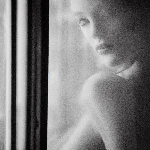 Image similar to black and white fashion photograph highly detailed portrait of a depressed beautiful 30 years old model woman standing by the window, natural light, rain, mist, lomo, fashion photography, film grain, soft vignette, sigma 85mm f/1.4 1/10 sec shutter