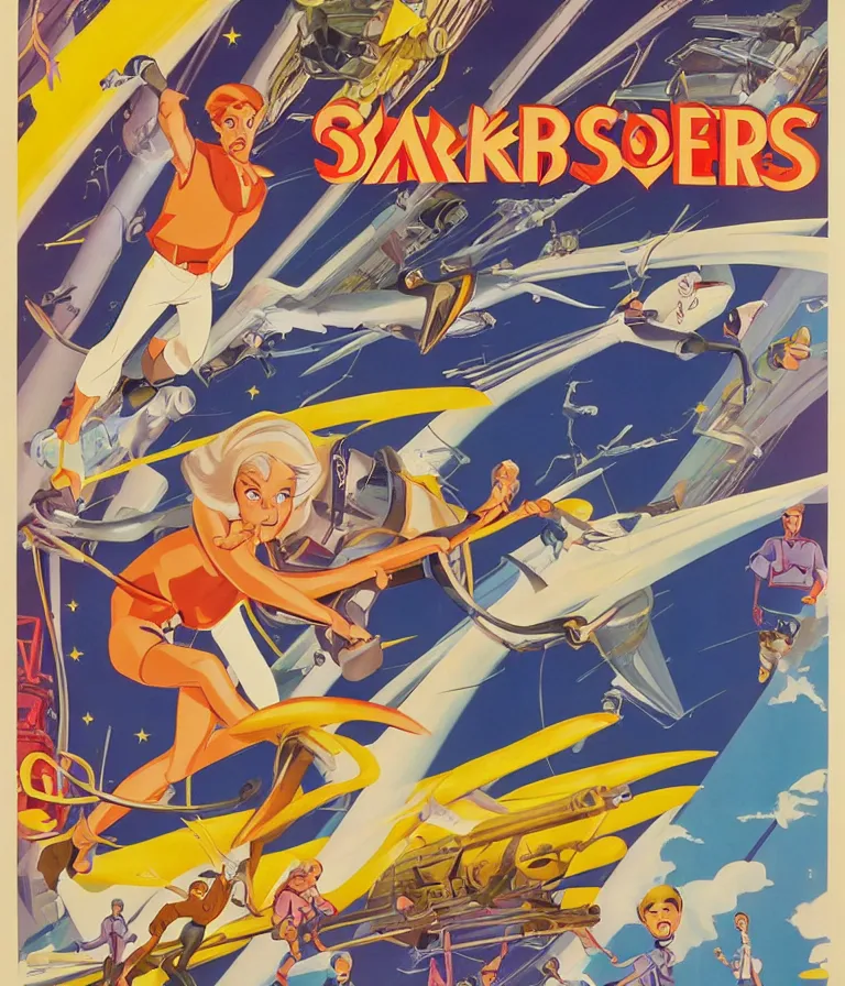 Prompt: Hannah Barbera cartoons of Five Star Stories as Whacky Races, promotional poster super detailed , xpensive production, realistic style, gouache colors, Hollywood retro cartoon poster, golden era of animation work