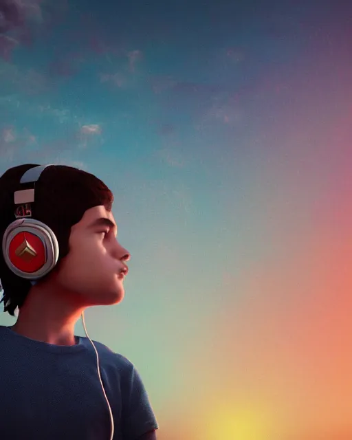 Prompt: boy with headphones looking into the sky, psychedelic trip, cinematic shot, epic composition, fine details, octane render, 8 k, depth of field, concept art, oil painting, digital art, deviantart artstation, extremely detailed, very sharp,