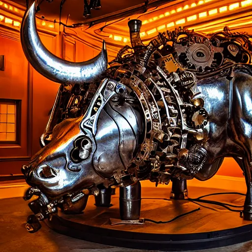 Image similar to a clockwork mechanical bull there are gears sticking out of the bull the room is filled with steam, ultra high detail, high particle effects, highly reflective surface, realistic reflections