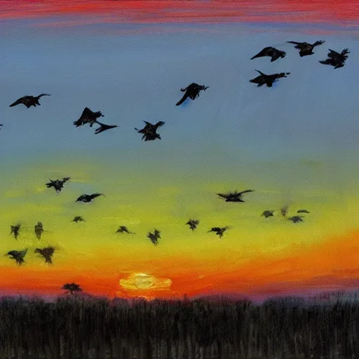Prompt: a painting of a flock of crows flying in the distance, sunset, trending on artstation, masterpiece, in the style of Claude Monet