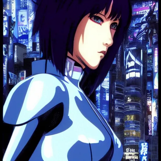 Prompt: Ghost in the Shell, GitS, perfect face Kusanagi Motoko, style by Masamune Shirow