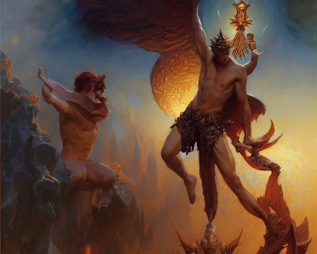 Image similar to attractive male deity, casting demonic magic, summoning handsome lucifer morning star. highly detailed painting by gaston bussiere, craig mullins, j. c. leyendecker 8 k