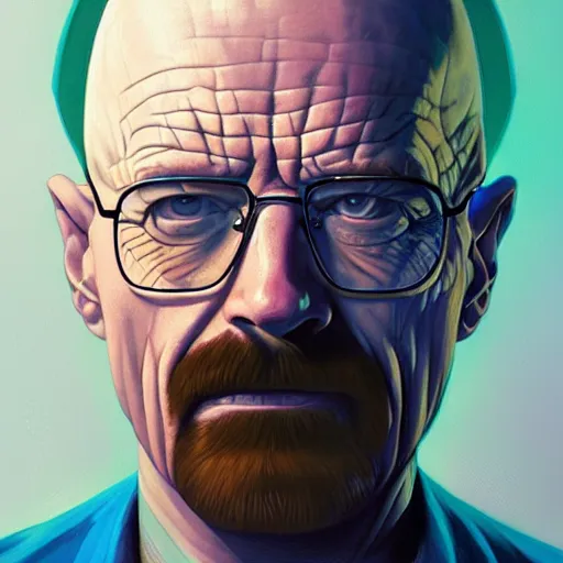 Image similar to high quality illustration, walter white realistic portrait, by etam cru, cyberpunk, alphonse mucha, riot game, beautiful, epic camera, colorful background, arcane, league of legend, digital painting, dynamic colors, artstation, concept art, graffiti, neon