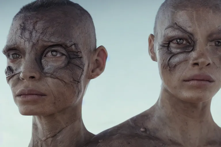 Image similar to VFX movie of a futuristic alien warrior closeup portrait in war zone, beautiful natural skin natural lighting by Emmanuel Lubezki