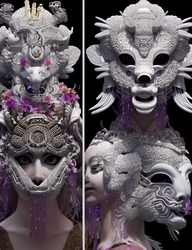 Image similar to 3 d goddess close - up 3 / 4 portrait with ram skull. beautiful intricately detailed japanese crow kitsune mask and clasical japanese kimono. betta fish, jellyfish phoenix, bio luminescent, plasma, ice, water, wind, creature, artwork by tooth wu and wlop and beeple and greg rutkowski