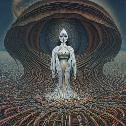 Image similar to THE QUEEN OF THE MOON by jacek yerka, alex gray, zdzisław beksiński, dariusz zawadzki, jeffrey smith and h.r. giger, oil on canvas, 8k highly professionally detailed, trending on artstation