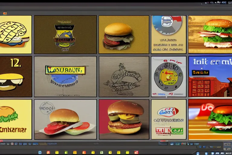 Prompt: hamburger themed gnu / linux desktop environment, linux mint, in 1 9 9 5, y 2 k cybercore, desktop screenshot