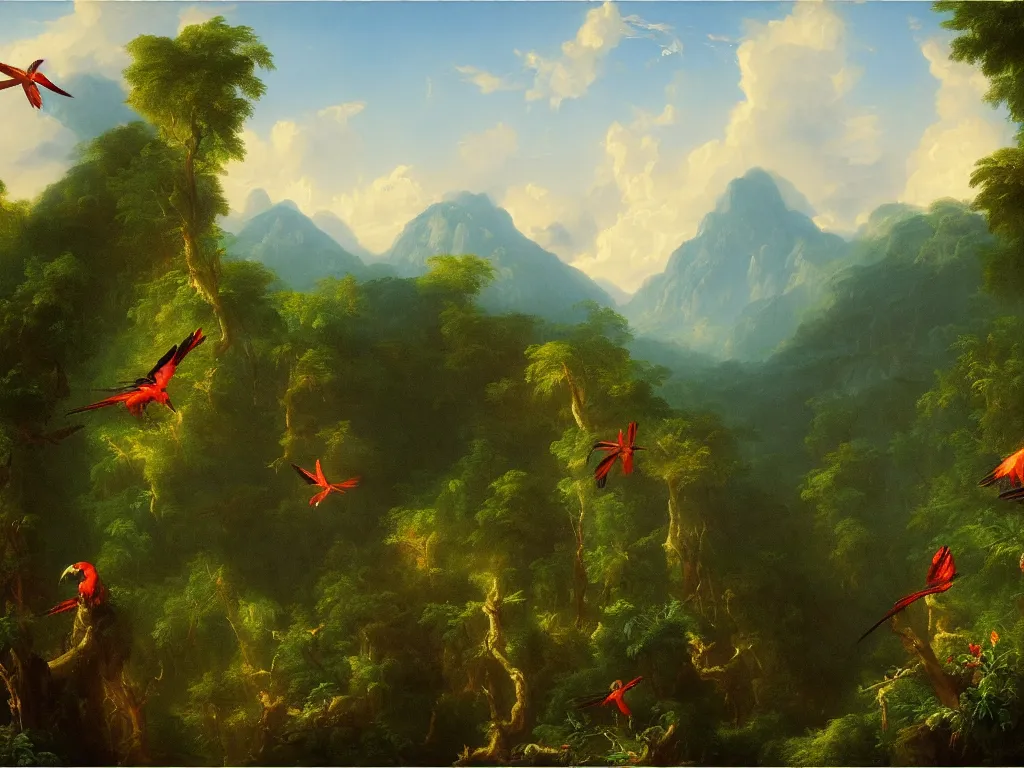 Image similar to gorgeous macaws flying at dawn in the distance through the forest, jungle mountains in the background, highly detailed, heavenly lighting, trending on art station, very detailed birds, painting by thomas cole