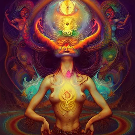 Image similar to psychedelic ayahuasca artwork of esao andrews frank peter mohrbacher, energy body, sacred geometry, esoteric art, divinity, detailed, magic the gathering art