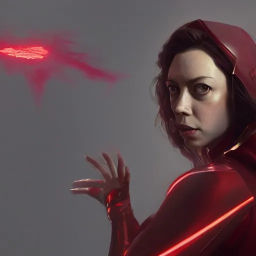 Image similar to aubrey plaza as scarlet witch by greg rutkowski, concept art, highly detailed, realistic, high fidelity, intricate, ornate, fine detail, 4k, octane render, trending on artstation