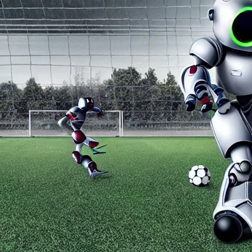 Image similar to photorealistic robots playing soccer