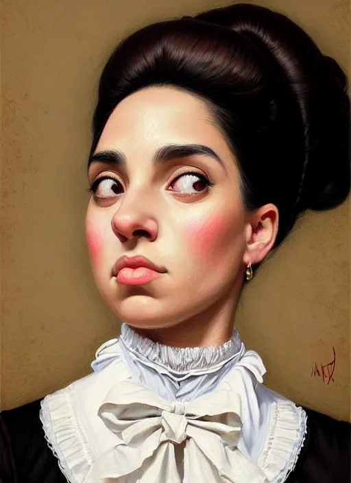 Image similar to a portrait of a young hispanic woman with a crooked nose in victorian clothing, confident pose, intricate, elegant, sharp focus, illustration, highly detailed, concept art, matte, trending on artstation, anime, art by james jean and artgerm and brian despain and alberto mielgo, greg rutkowski, wlop, ilya kuvshinov, strong strokes