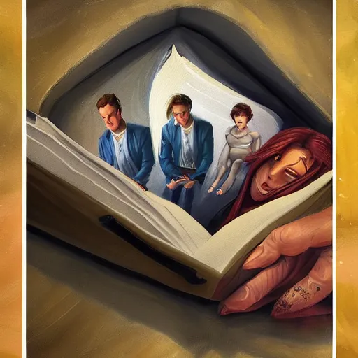 Image similar to a realistic painting of three male and one female characters emerging from inside a book, trending on artstation, detailed digital art