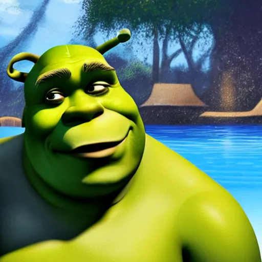 Prompt: shrek taking a selfie in a swimming pool in the middle of the jungle, highly detailed, digital painting, artstation, concept art