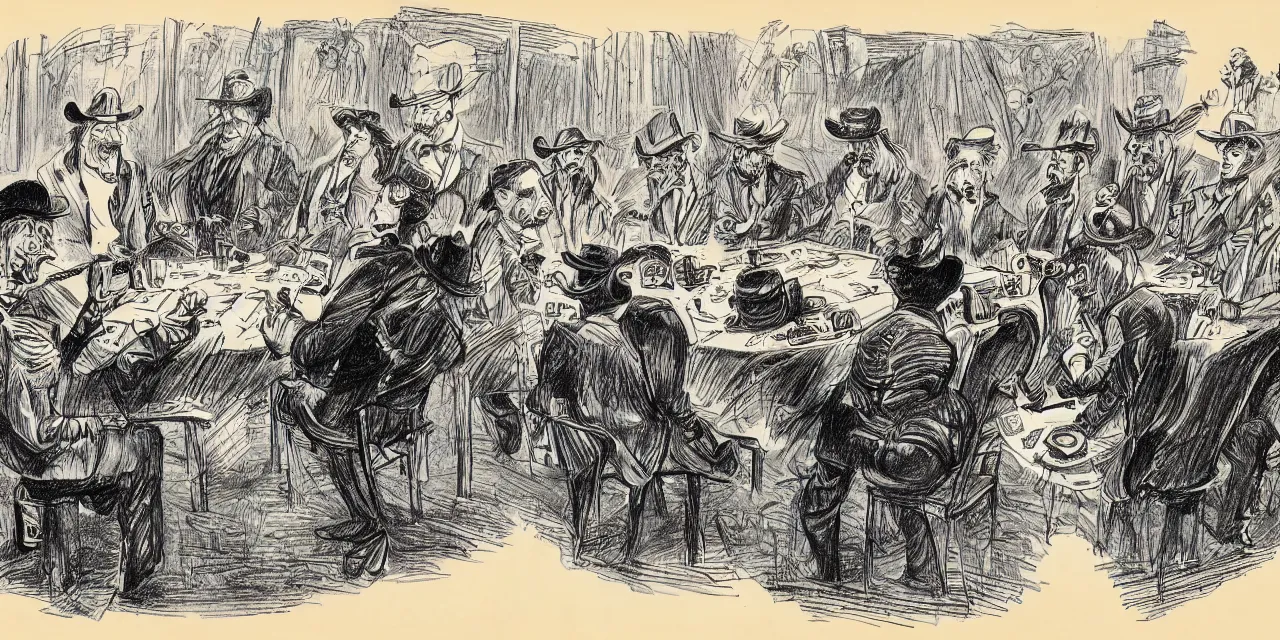 Prompt: caricature sketch by r. crumb, theme of insects dressed as cowboys playing cards while seated around a round table in front of a stage show 1 8 7 0