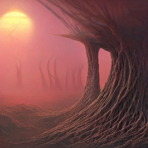 Prompt: a beautiful and ominous matte painting of an exotic alien planet with strange carnivorous plants, twisted bony trees, crashed spaceship submerged in fog beneath the setting sun by karol bak and beksinski and wayne barlowe, exquisite detail, post processing, sharp focus, deep colors