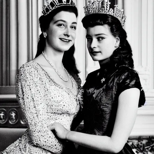 Image similar to A portrait photo of queen elizabeth teams up with a teenage queen elizabeth, perfect faces, 50 mm, award winning photography