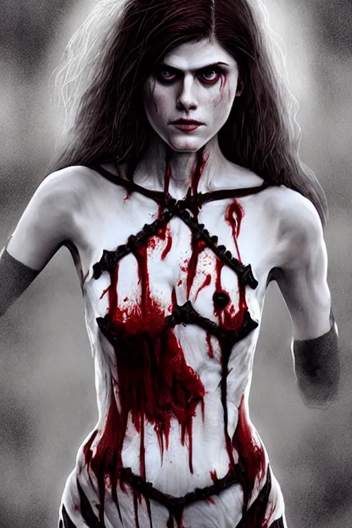 Prompt: skeleton black bones!!, covered with blood, alexandra daddario face!!, long red hair, ultra realistic, concept art, intricate details, highly detailed, photorealistic, octane render, 8 k, unreal engine. retro film still, heavy grain, 3 5 mm, art by artgerm and greg rutkowski and alphonse mucha