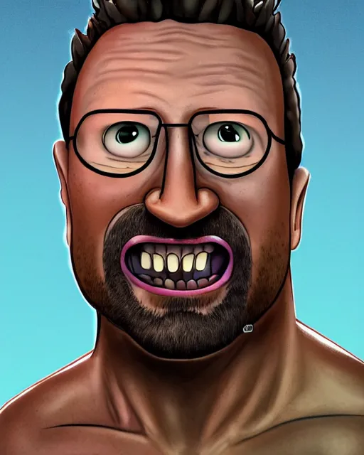 Image similar to portrait of dwayne johnson in the style of justin roiland. ugly, creepy, demonic, horror. cinematic lighting. style of rick & morty. photographic, photography. by justin roiland