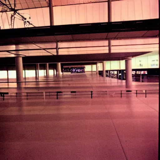 Image similar to the inside of an empty airport, late at night, eerie, 1 9 8 0 s