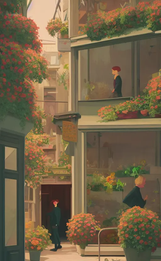 Prompt: cute cozy florist store, surreal cinematic illustration, by atey ghailan and escher and edward hopper