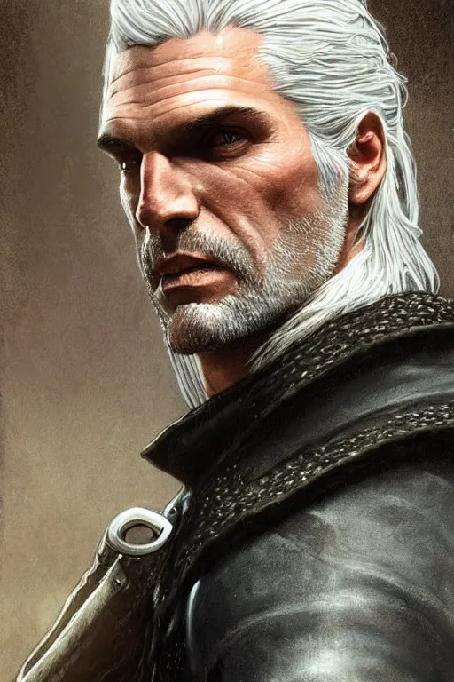 Image similar to photorealistic portrait photograph of geralt of rivia wearing a tuxedo, depth of field, soft focus, highly detailed, intricate, realistic, national geographic cover, soft glow, textured, artstation, concept art, sharp focus, illustration, art by artgerm and greg rutkowski and alphonse mucha