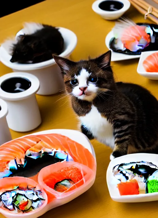 Image similar to clear photograph of cute cats stealing sushi from sushi plates