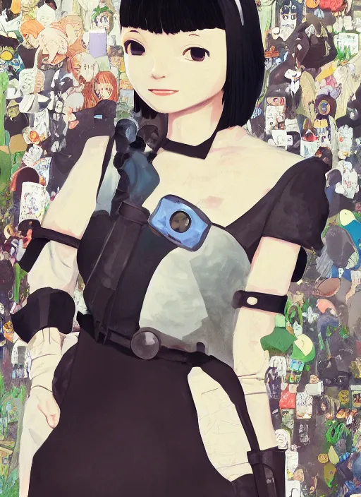 Prompt: a gouache painting in the style of nier automata, by hikari shimoda, ilya kuvshinov, yoshitaka amano, by shaun tan, by good smile company, a detailed 3 d render of audrey hepburn as an android, portrait, cgsociety, artstation, a modular costume and headpiece, action adventure scene