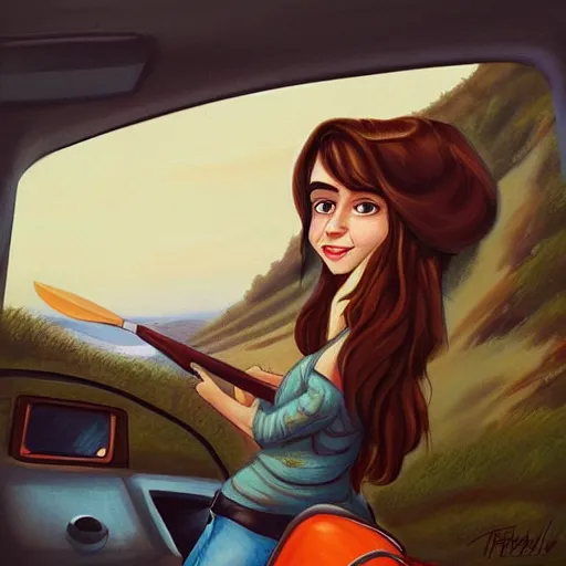 Prompt: camper driving on a calm road, pretty caricature, pretty girl brown hair, canoe, detailed intricate, in the style of Filipe Pagliuso on Artstation