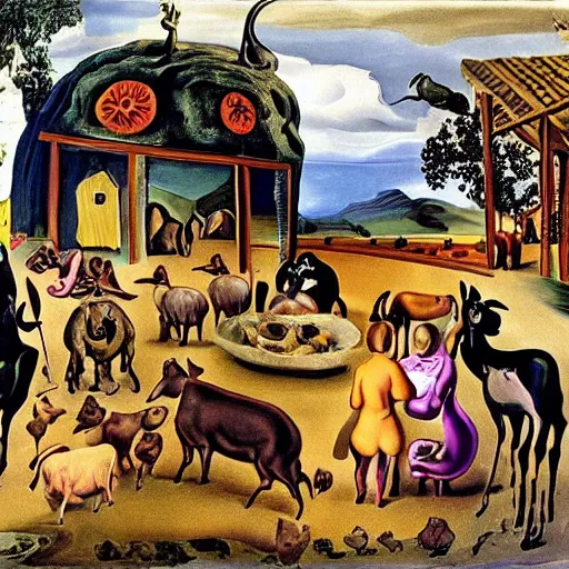 Prompt: all animals in the farm are hosting a birthday party for the king of pig by Salvador Dalí