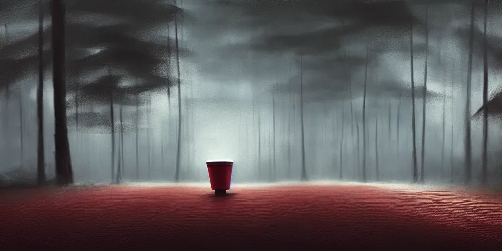 Image similar to macro shot of white red paper cup standing on empty road!!! forest behind!!, detailed, dark concept art, dark skies painting by wlop, nixeu and greg rutkowski, beautiful, semirealism, artstation, octane render, oil painting, sharpness, 8 k, golden ratio