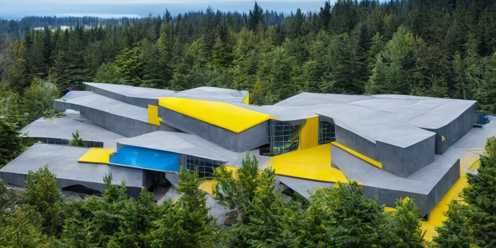 Image similar to large futuristic residence, yellow and blue metal, gray concrete, many large green windows, pacific northwest, triangular and rectangular elements