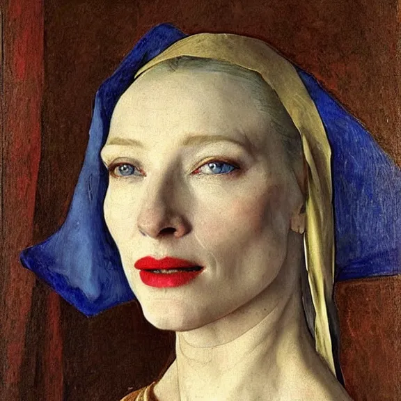 Image similar to cate blanchett by Annie Swynnerton and Nicholas Roerich and Vermeer, strong dramatic cinematic lighting , ornate headdress , lost civilizations, smooth, sharp focus, extremely detailed