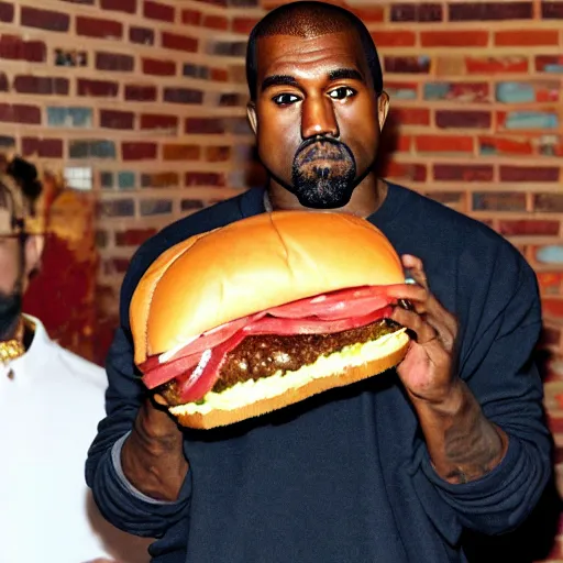 Image similar to kanye west holding a giant cheeseburger